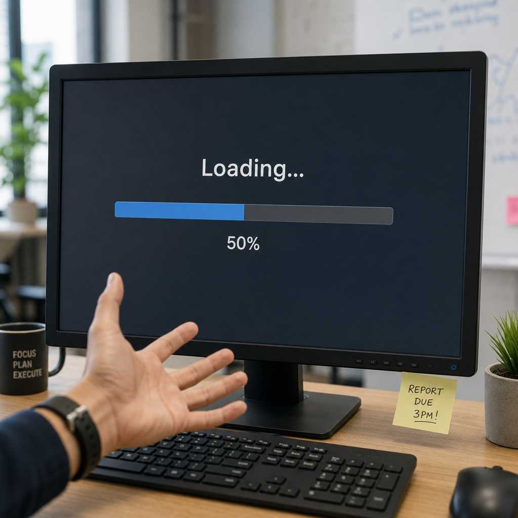Frustrated user waiting for slow website to load on desktop computer